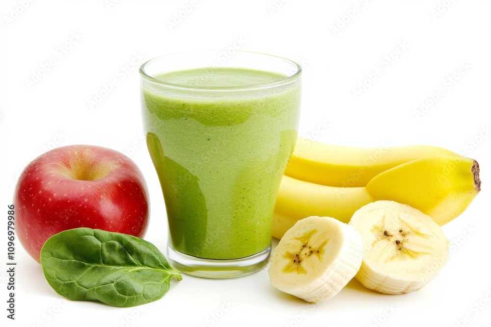 Healthy drink setup with a green smoothie and fresh ingredients, including spinach, bananas, and apples. Healthy drink setup with a green smoothie and fresh ingredients, including spinach, bananas, and apples.