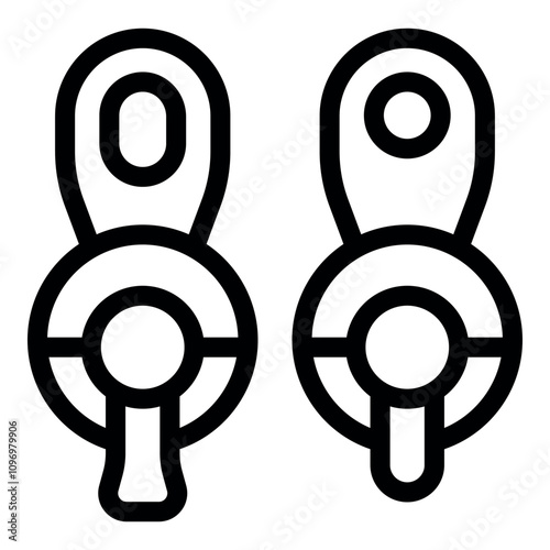 Close up vector line icon illustration of two zipper pullers, one open and one closed, isolated on white background