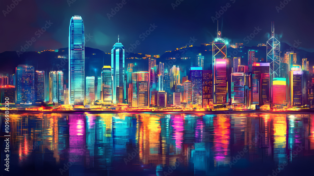 Obraz premium Neon cityscape of hong kong at night. Vivid Urban Jungle. Illustration