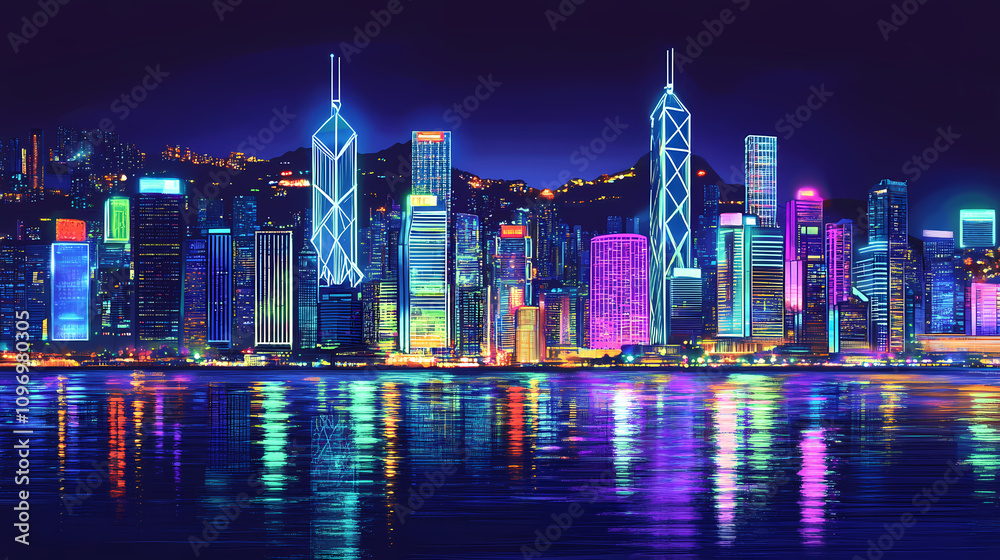 Naklejka premium Neon cityscape of hong kong at night. Vivid Urban Jungle. Illustration