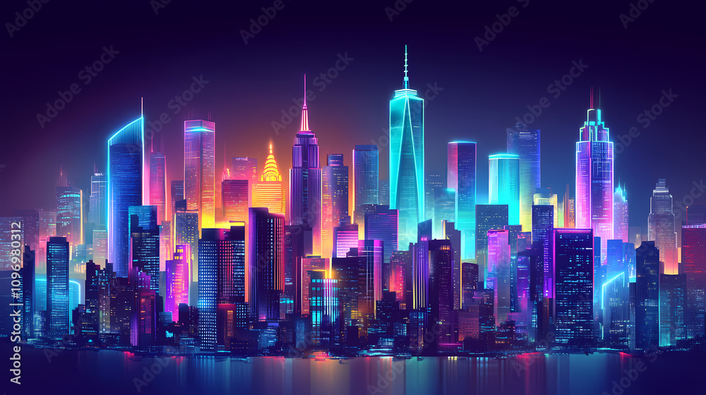 Fototapeta premium Neon cityscape night aerial view. Vivid Urban Jungle. Illustration