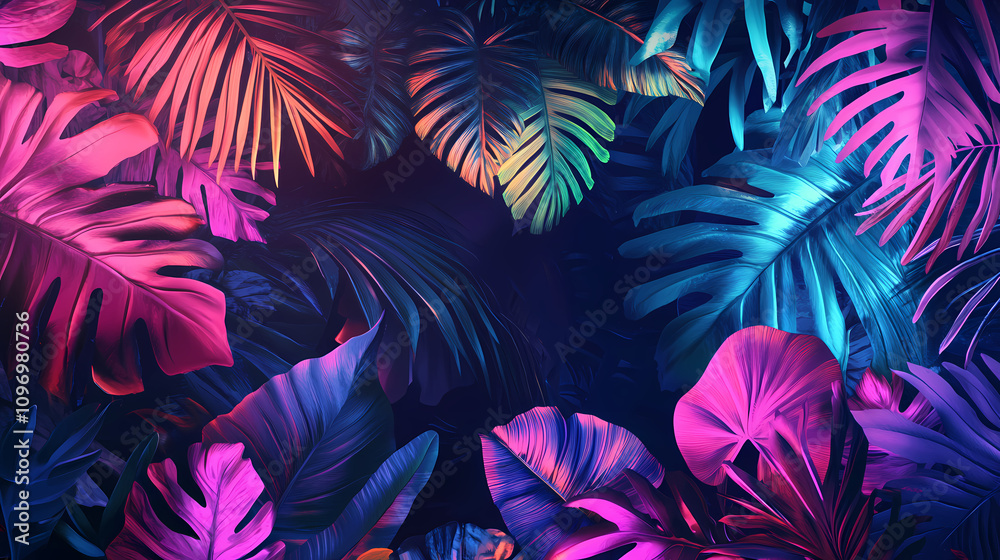 Illuminated neon plants urban jungle digital art colorful environment close-up vibrant aesthetics. Vivid Urban Jungle. Illustration Illuminated neon plants urban jungle digital art colorful environment close-up vibrant aesthetics. Vivid Urban Jungle. Illustration