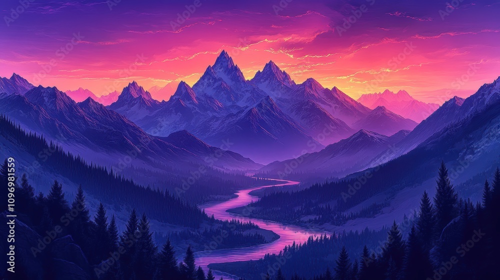 Obraz premium A serene mountain landscape at sunset with a flowing river and trees.