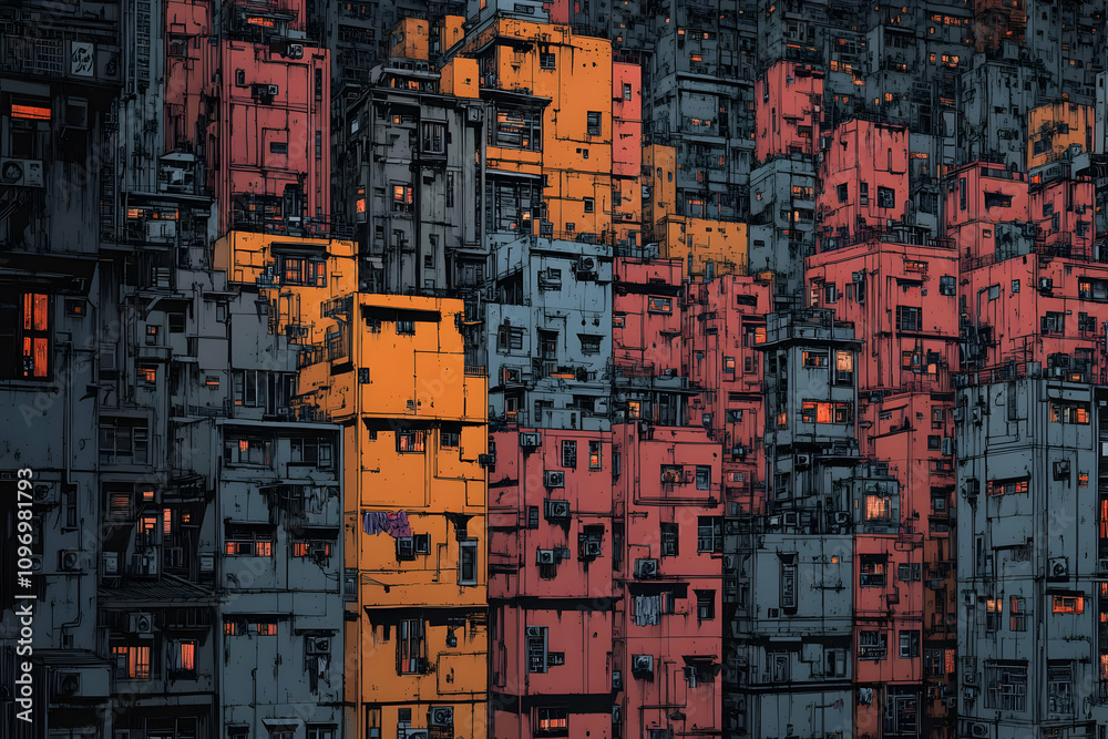 Fototapeta premium Dense City Illustration: Night in the Metropolis