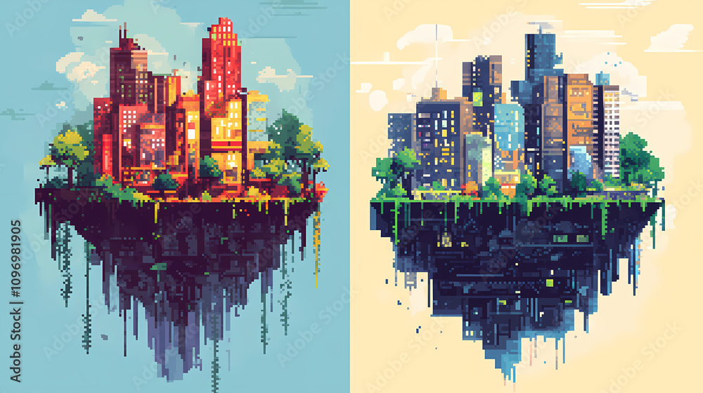 Obraz premium pixelated gaming worlds flat design side view retro aesthetics theme cartoon drawing vivid. Vivid Urban Jungle. Illustration