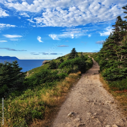 Tree ling hiking trail overlooking Atlantic Ocean photo