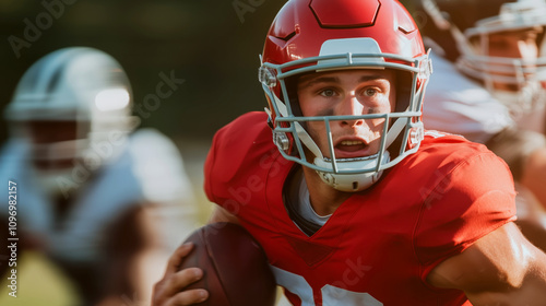Young football player sprinting with determination on the field