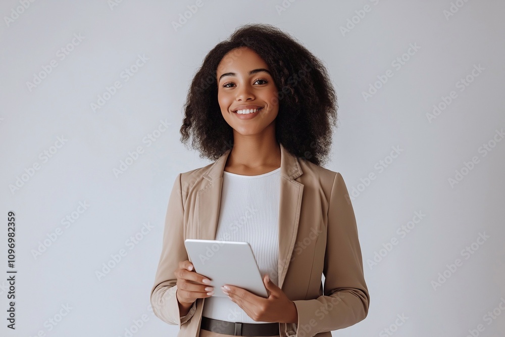 Happy young Afro American business woman holding digital tablet standing isolated on white background, smiling busy sales professional ethnic lady corporate leader working on pad device. Happy young Afro American business woman holding digital tablet standing isolated on white background, smiling busy sales professional ethnic lady corporate leader working on pad device.