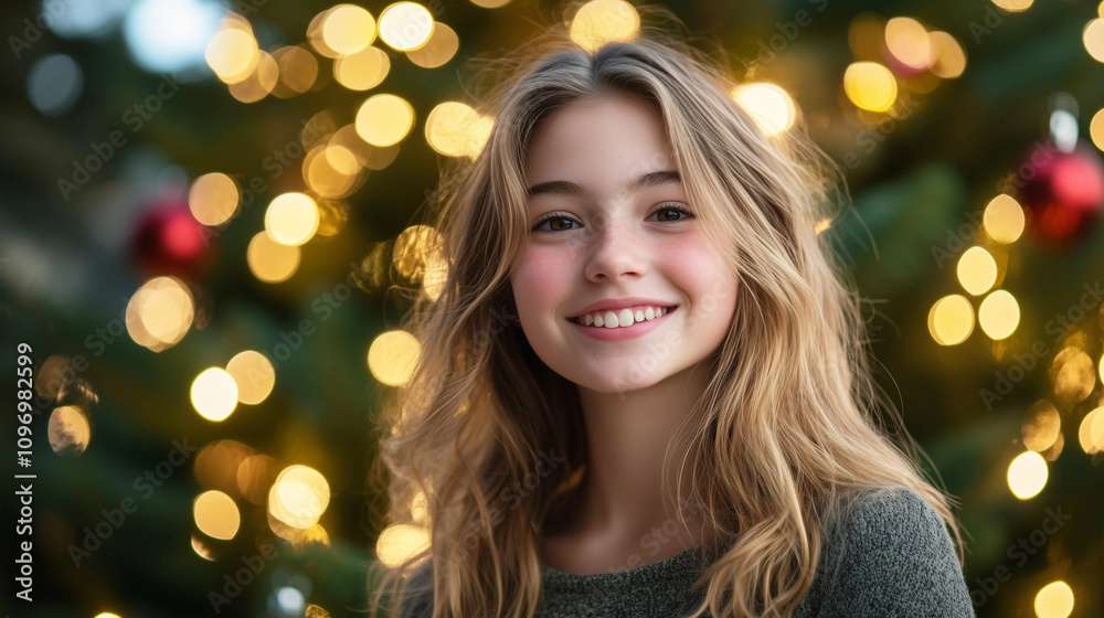 Fröhlicher Teenager freut sich auf Heiligabend mit Weihnachtsbaum im Hintergrund