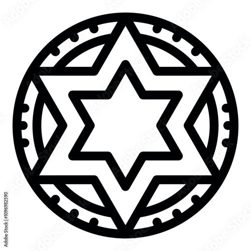 Jewish symbol of star of david with six points, placed inside a circle with geometric decoration, isolated on white background