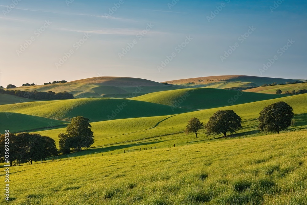 Fototapeta premium Tranquil Countryside Scenery with Lush Rolling Hills and Serene Natural Beauty