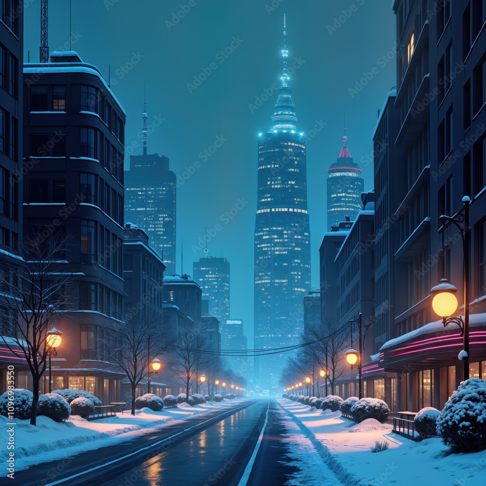 Naklejka premium Snowy city street at night. Buildings illuminated. Tall skyscrapers. Winter urban landscape. Calm road. Empty street. Christmas atmosphere. Dark blue sky. Night city view. Snow on ground. City