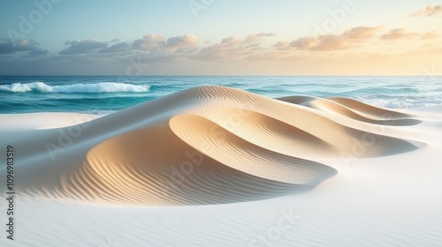 Serene sand dunes meet tranquil ocean waves under a soft sky.