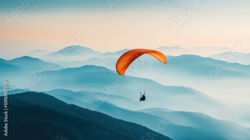 An adventurous paraglider soars gracefully over layered mountains, the orange parachute vivid against the expansive blue horizon.
