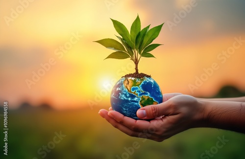 Human hands hold Earth globe small plant grows sunset background. Eco concept image. Planet care global warming. Sustainable development. Green growth. Nature protection. photo