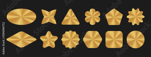 Holographic stickers with gold gradient. Set of hologram labels and tags of various geometric shapes. Shiny golden emblem for your text. 