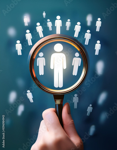 Hand holding magnifying glass focusing on candidate, selecting best suited profile for job position, recruitment process and human resources concept