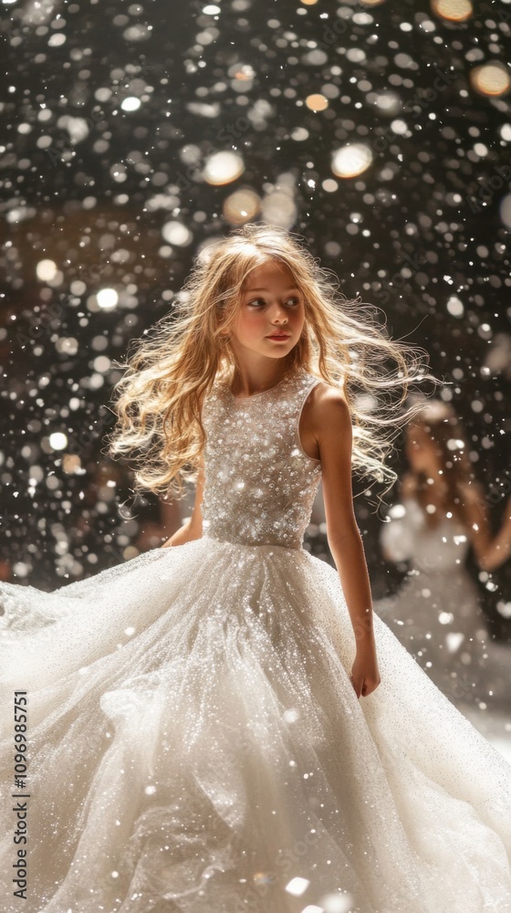 Winter Fairy Tale: A young girl twirls in a sparkling white dress amidst a flurry of snow, creating a magical and ethereal winter scene. Winter Fairy Tale: A young girl twirls in a sparkling white dress amidst a flurry of snow, creating a magical and ethereal winter scene.