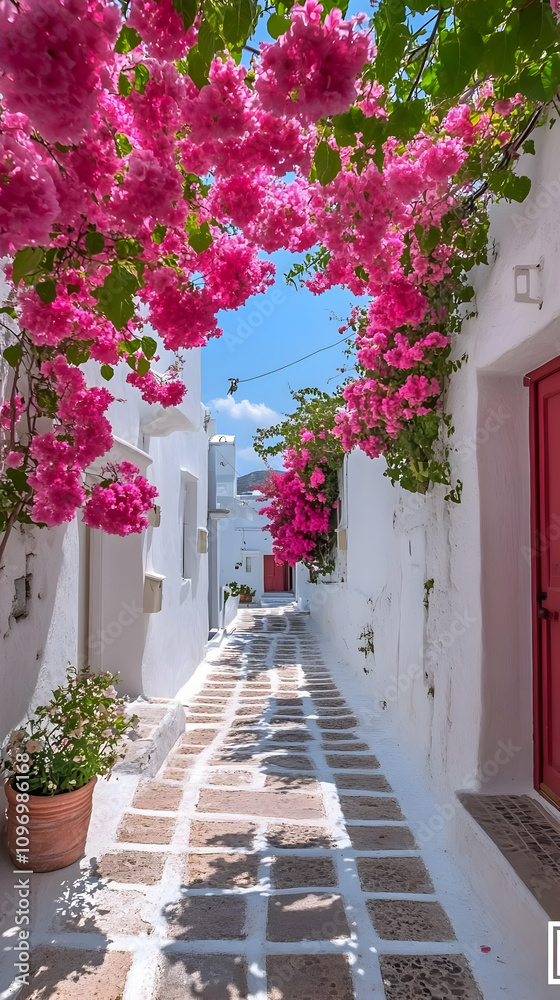 Naklejka premium Pink Bougainvillea Alleyway Photo