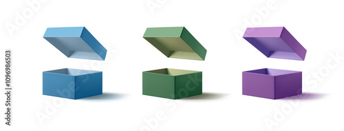 Empty realistic boxes with open lids, 3D. For branding concepts, packaging of goods, products, promotional sales, and offers. Vector illustration.