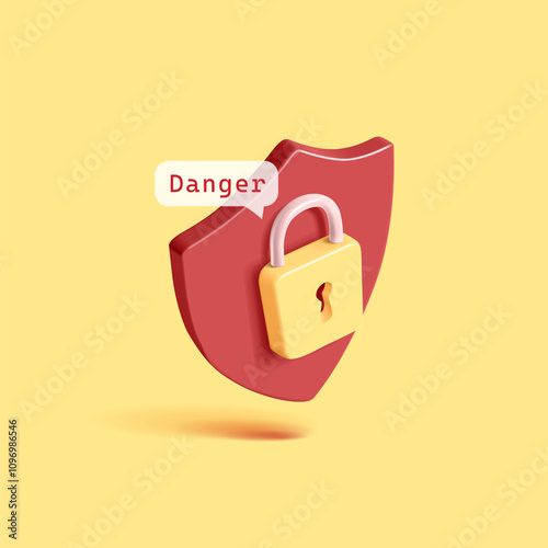 Red shield, yellow lock, 3d. realistic icon. Danger, warning. Protection and safety. Vector illustration.