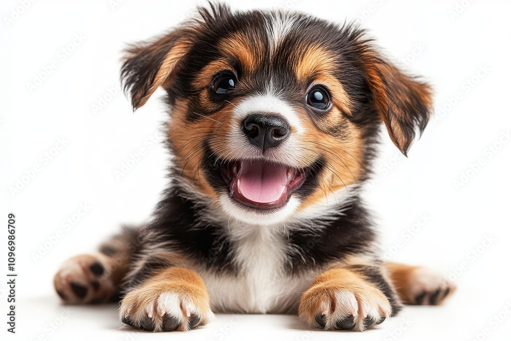 charming collage of a playful puppy showcasing various endearing poses, capturing the essence of pet care and joy, with bright colors against a white background