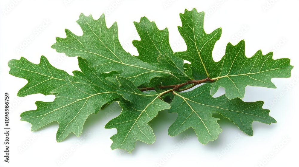 A branch of oak leaves showcasing their vibrant green color and distinctive shape.