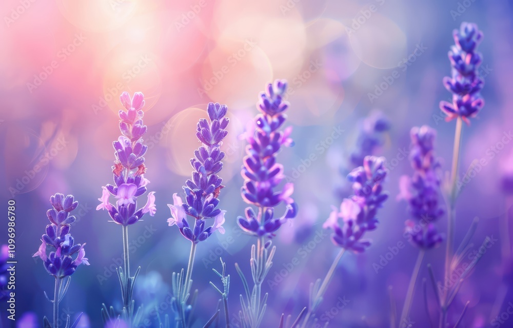 Obraz premium Close-up of sunlit lavender flowers in soft focus, showcasing a picturesque lavender field and natural landscape backdrop.