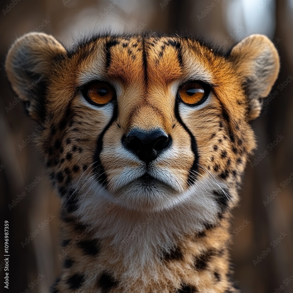 A close-up portrait of a cheetah showcasing its striking features and intense gaze. A close-up portrait of a cheetah showcasing its striking features and intense gaze.