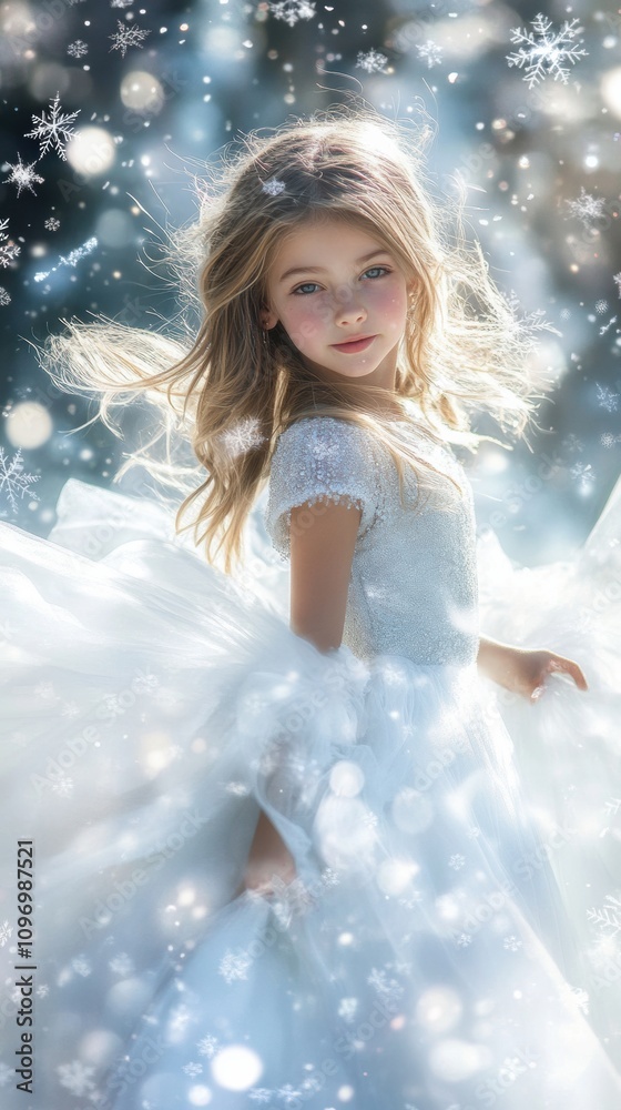 Winter Wonderland Princess: A captivating portrait of a young girl in a flowing white dress, amidst a flurry of snowflakes and sparkling lights. A magical scene evoking innocence and wonder. Winter Wonderland Princess: A captivating portrait of a young girl in a flowing white dress, amidst a flurry of snowflakes and sparkling lights. A magical scene evoking innocence and wonder.