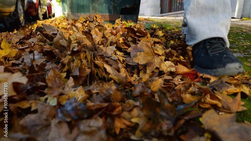 A dynamic scene of a person’s foot kicking a pile of dry autumn leaves in slow motion, with vibrant colors and a mossy ground. Perfect for seasonal, nature, and lifestyle projects