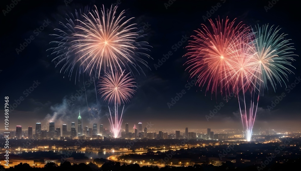 Fuegos Artificiales sobre una Ciudad Vista panorámica de un cielo nocturno iluminado por coloridos fuegos artificiales, con el horizonte de una ciudad moderna en silueta