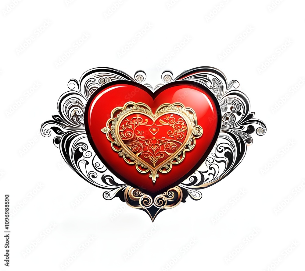Elegant red and gold heart with ornamental design elements on a white background Elegant red and gold heart with ornamental design elements on a white background