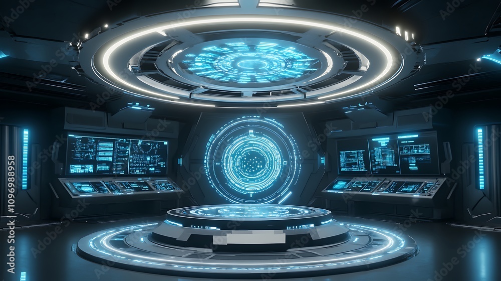 A futuristic physics lab with digital tools for studying the behavior of particles in high-energy accelerators 