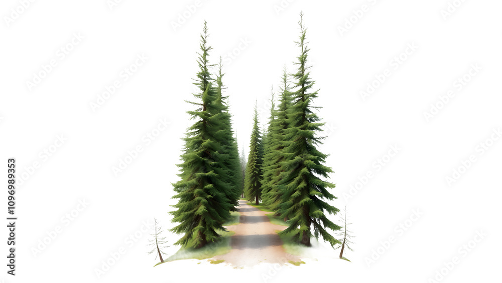 Obraz premium Coniferous forest pathway. Cutout trees isolated on white background. Forest scape with trees and bushes among the rocks. Tree line landscape summer. png isolated background. transparent background.