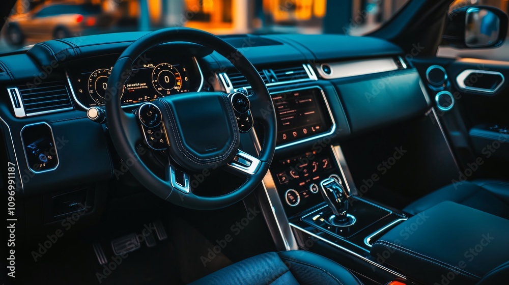 Obraz premium Modern luxury suv interior showing steering wheel, dashboard, and seats