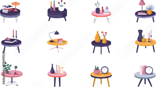 Twelve flat, colorful, stylized images of various small tables