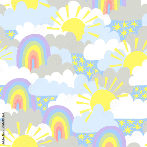 Rainbow and Sunshine Seamless Pattern