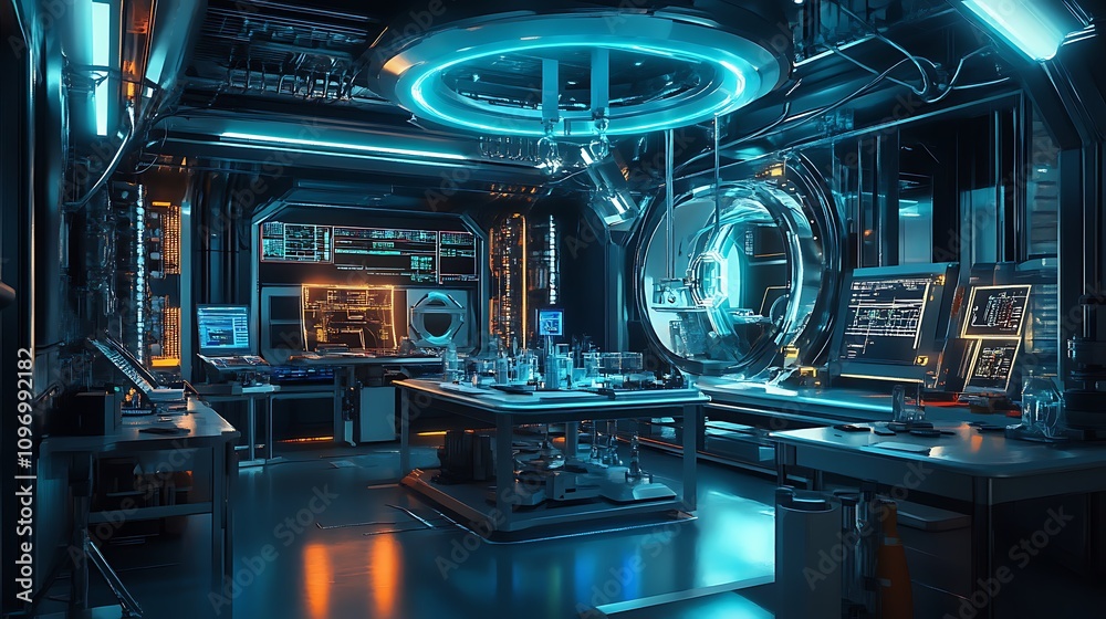 Fototapeta premium A futuristic physics lab with digital simulations of the interactions between fundamental particles and forces