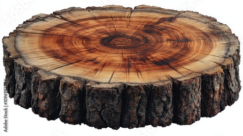 A cross-section of a tree trunk showcasing growth rings and bark texture.