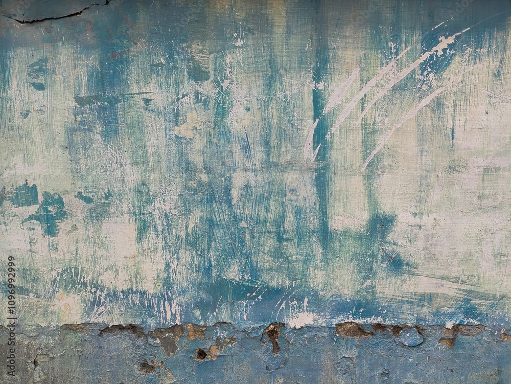 Naklejka premium Blue and white wall with peeling and stained paint