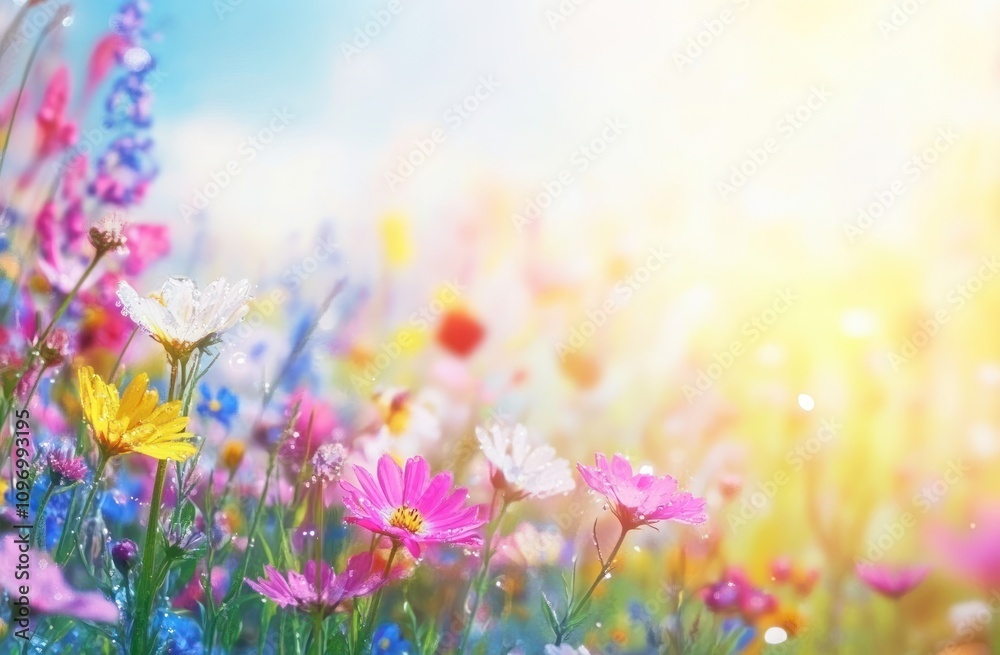 A vibrant field of colorful wildflowers illuminated by sunlight. A vibrant field of colorful wildflowers illuminated by sunlight.