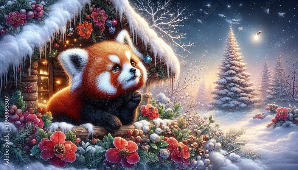 Roter Pandabär in einer Winterlandschaft