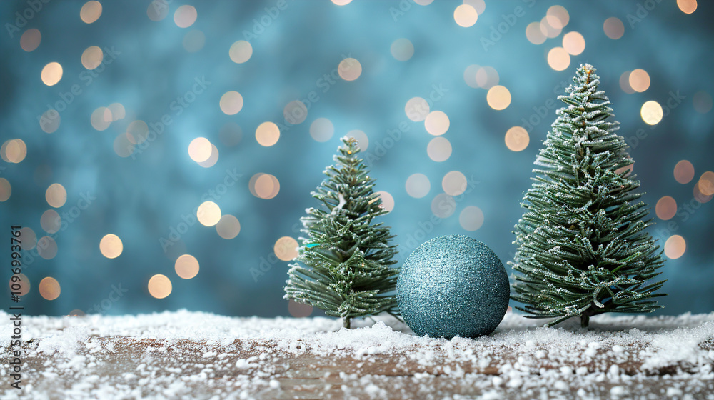Obraz premium Christmas Balls Sky Blue Glowing Background Snowy Winter Light Landscape