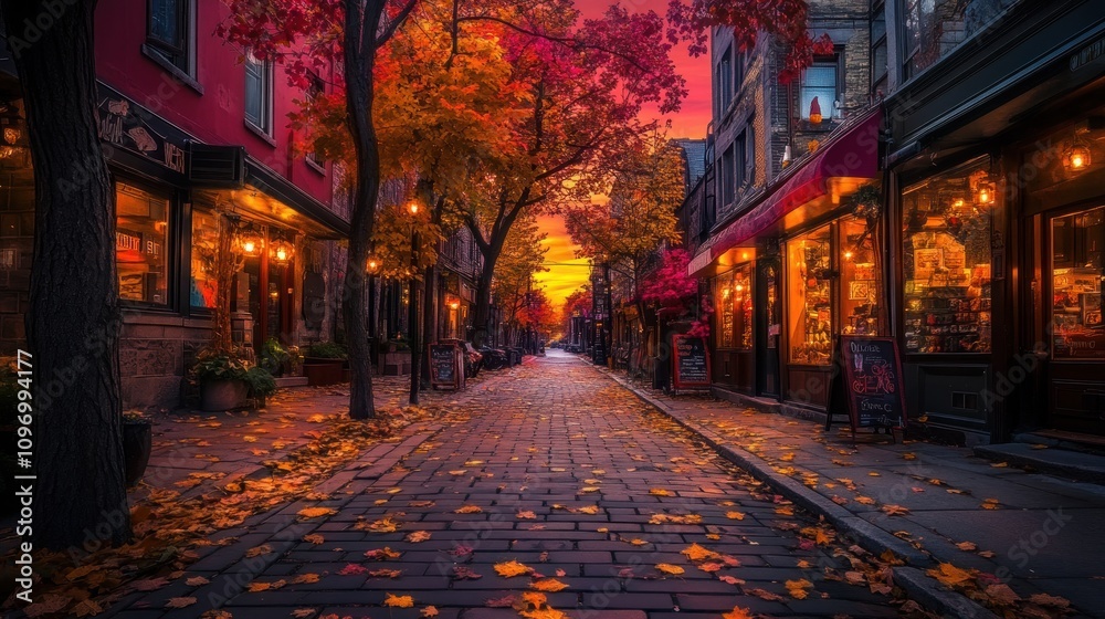 A picturesque street lined with autumn trees and cozy shops, illuminated at sunset. A picturesque street lined with autumn trees and cozy shops, illuminated at sunset.