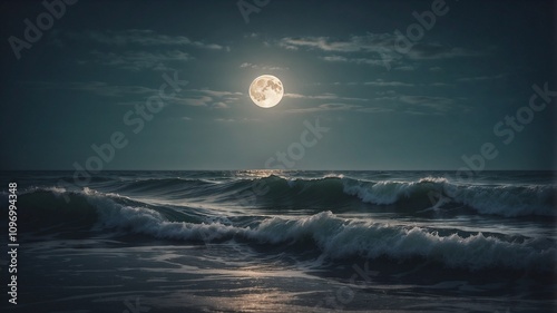 Moonlit ocean waves under a night sky with dramatic clouds in atmospheric seascape photo