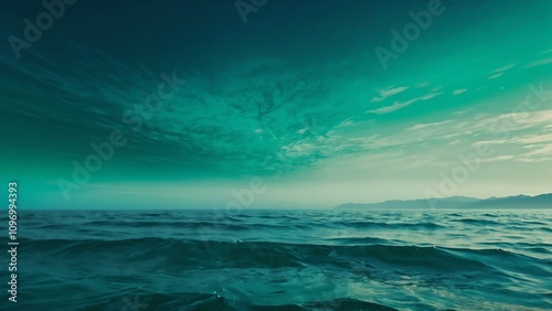 Serene ocean landscape with calm waves and vibrant sky, peaceful atmosphere, copy space