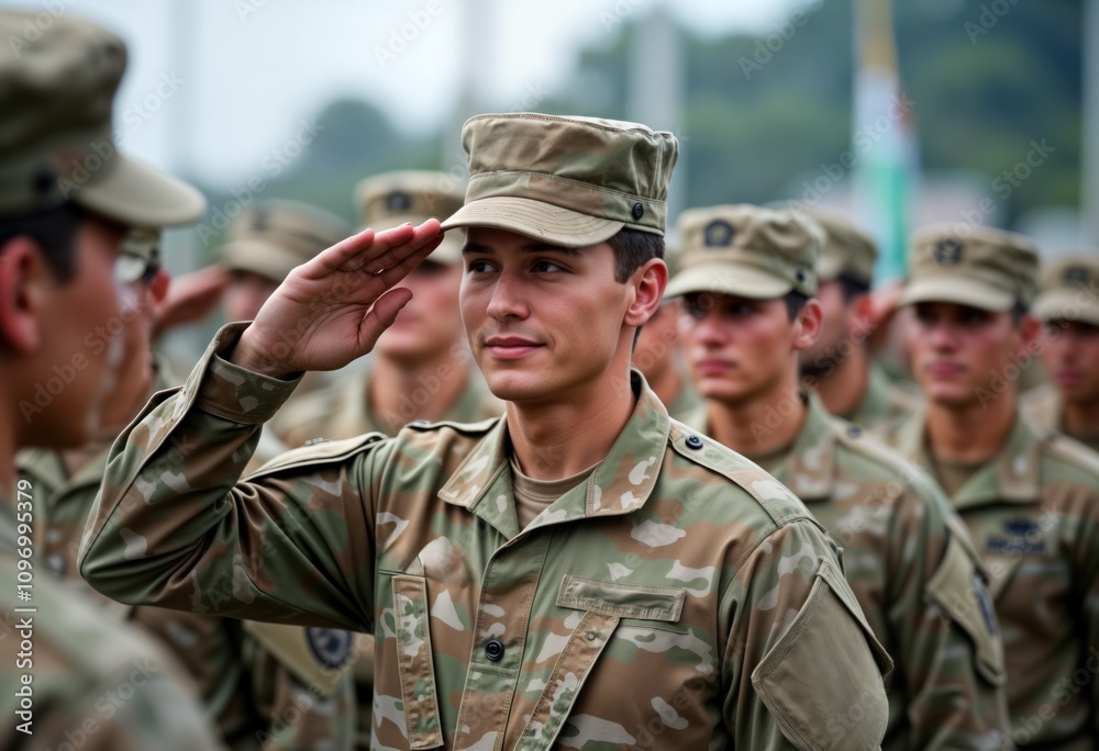 Fototapeta premium Soldier salutes. Military man in camouflage uniform. Army group stands in formation. Armed forces. National defense. Military service. Patriotic duty. Military parade. Army training. Recruitment.
