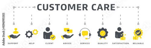 Customer service banner web icon vector illustration design concept for customer support and telemarketing services with help, client, advice, chat, service, reliability, quality and satisfaction icon