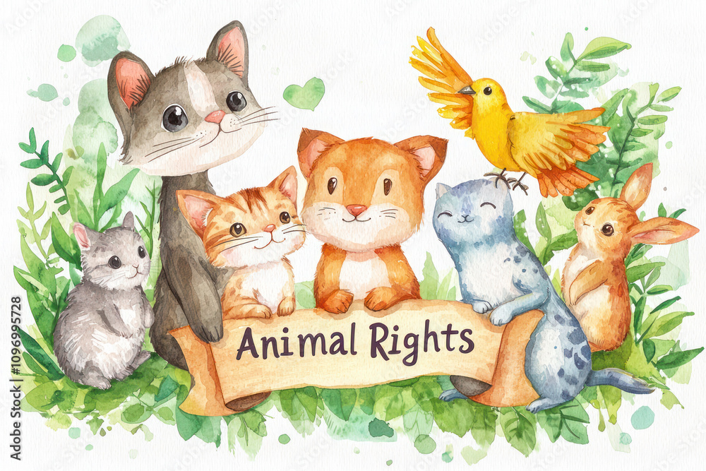 Fototapeta premium Cute animals including cats, bird, rabbit, and hamster in watercolor style promoting animal rights and kindness for International Animal Rights Day.